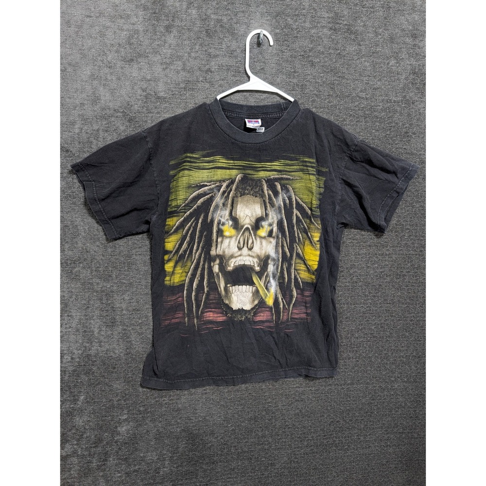 Vintage C&H Activewear Skull Dreadlocks Rasta Graphic T-Shirt Black Large 2058